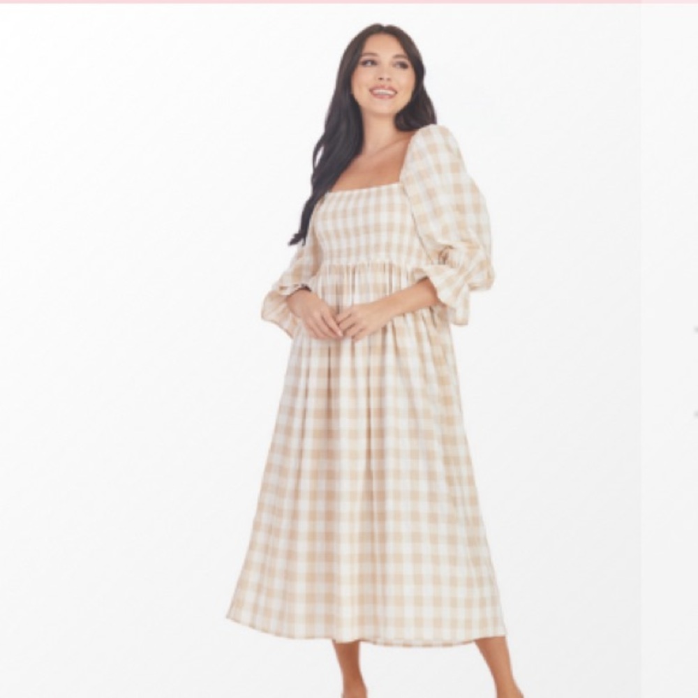 Mud Pie Tan and White Puff Sleeve Sundress